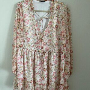 LUCKY BRAND LIGHT LINED FLORAL LONG SLEEVE CHIFFON DRESS WITH RUFFLES SIZE L